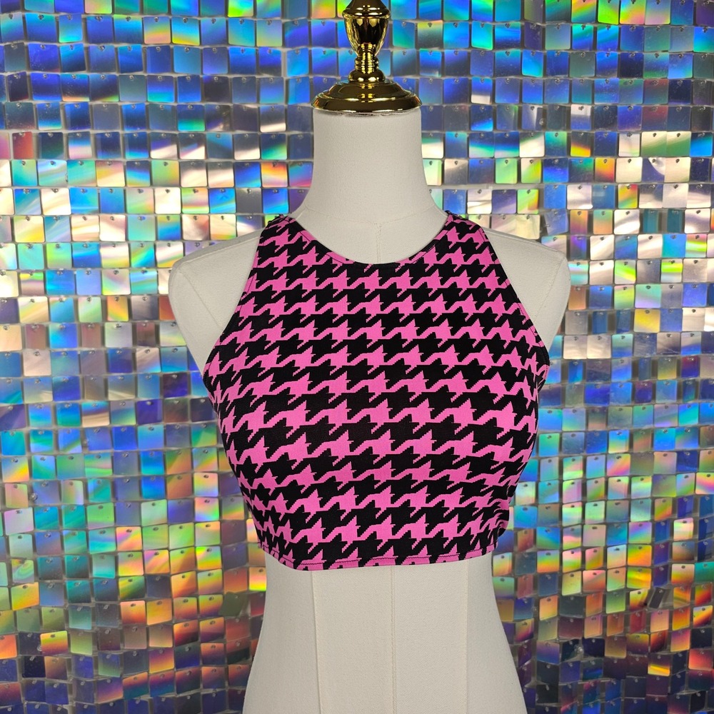 Pretty n Punq Houndstooth Crop Top Womens Medium Pink Black Rave Club Festival
